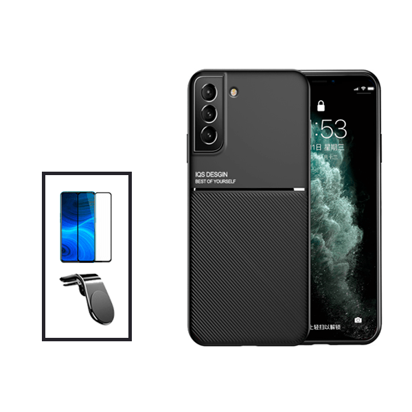 Kit Capa Magnetic Lux + 5D Full Cover + Suporte Magnético L Safe Driving para Samsung Galaxy S21 FE 5G - Preto