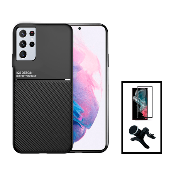 Kit Capa Magnetic Lux + Película Vidro Premium Full Cover Curved + Suporte Magnético de Carro Reforçado para Samsung Galaxy S23 Ultra - Preto