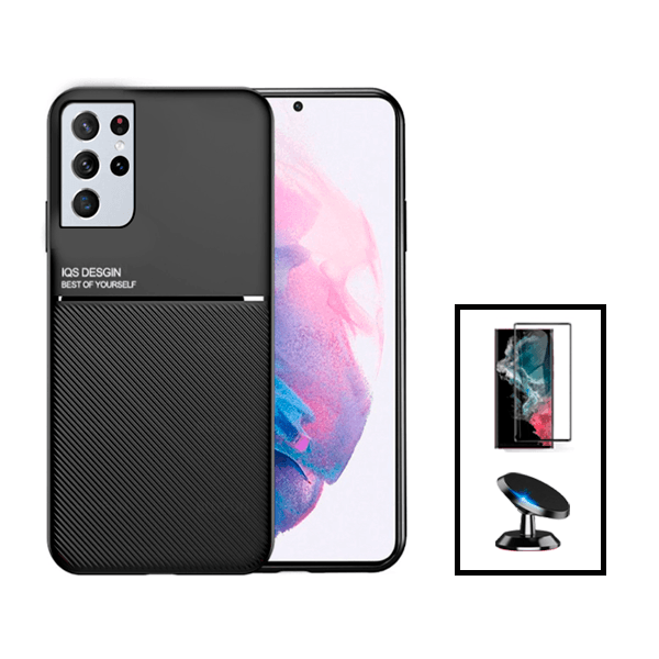 Kit Capa Magnetic Lux + Película Vidro Premium Full Cover Curved + Suporte Magnético de Carro para Samsung Galaxy S23 Ultra - Preto