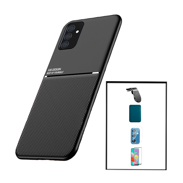 Kit Capa Magnetic Lux + Magnetic Wallet Azul + 5D Full Cover + Película de Câmara Traseira + Suporte Magnético L Safe Driving para Samsung Galaxy M52 5G