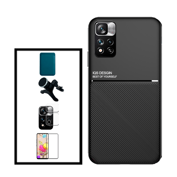 Kit Capa Magnetic Lux + Magnetic Wallet Azul + 5D Full Cover + Película de Câmara Traseira + Suporte Magnético de Carro Reforçado para Xiaomi Redmi Note 11 Pro+