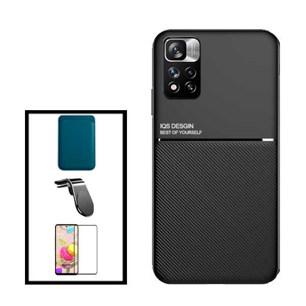 Kit Capa Magnetic Lux + Magnetic Wallet Azul + 5D Full Cover + Suporte Magnético L Safe Driving para Xiaomi 11i