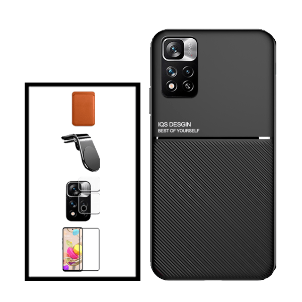 Kit Capa Magnetic Lux + Magnetic Wallet Castanho + 5D Full Cover + Película de Câmara Traseira + Suporte Magnético L Safe Driving para Xiaomi Redmi Note 11 Pro