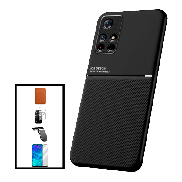 Kit Capa Magnetic Lux + Magnetic Wallet Castanho + 5D Full Cover + Película de Câmara Traseira + Suporte Magnético L Safe Driving para Xiaomi Poco M4 Pro 5G
