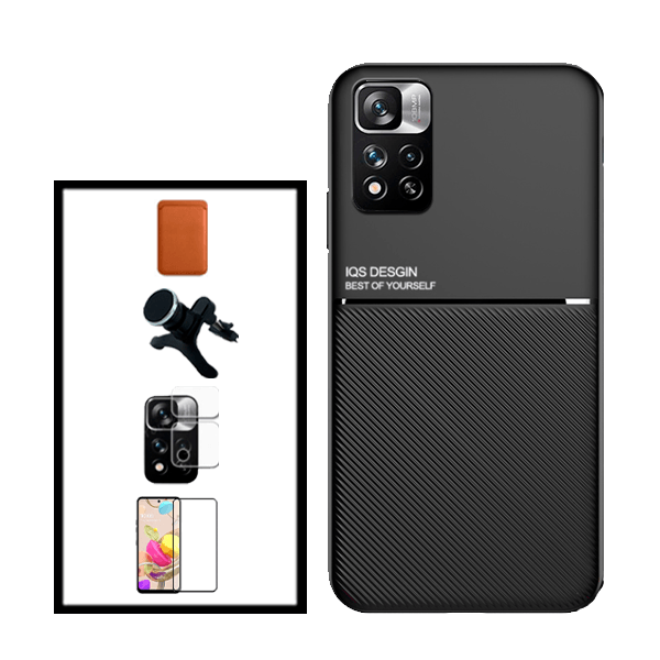 Kit Capa Magnetic Lux + Magnetic Wallet Castanho + 5D Full Cover + Película de Câmara Traseira + Suporte Magnético de Carro Reforçado para Xiaomi 11i HyperCharge