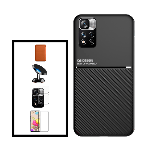 Kit Capa Magnetic Lux + Magnetic Wallet Castanho + 5D Full Cover + Película de Câmara Traseira + Suporte Magnético de Carro para Xiaomi 11i HyperCharge