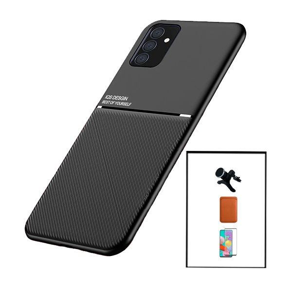 Kit Capa Magnetic Lux + Magnetic Wallet Castanho + 5D Full Cover + Suporte Magnético de Carro Reforçado para Samsung Galaxy M52 5G