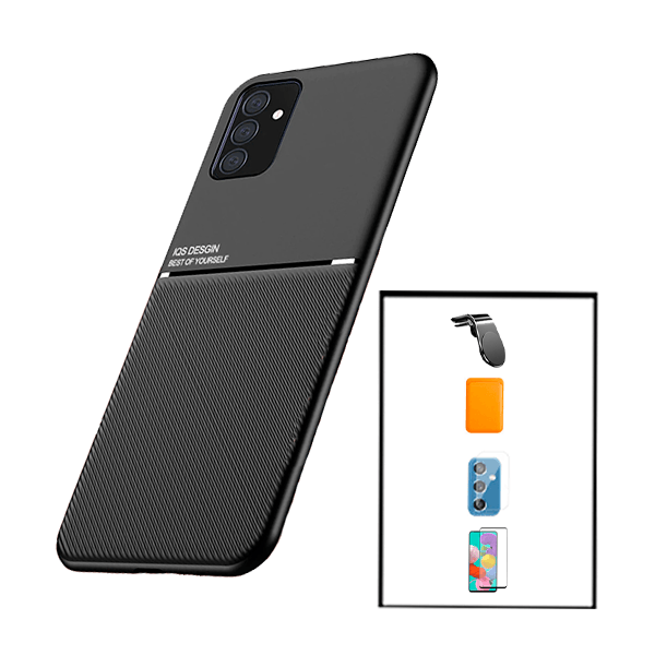 Kit Capa Magnetic Lux + Magnetic Wallet Laranja + 5D Full Cover + Película de Câmara Traseira + Suporte Magnético L Safe Driving para Samsung Galaxy M52 5G