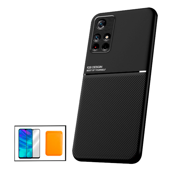 Kit Capa Magnetic Lux + Magnetic Wallet Laranja + 5D Full Cover para Xiaomi Poco M4 Pro 5G