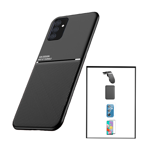 Kit Capa Magnetic Lux + Magnetic Wallet Preto + 5D Full Cover + Película de Câmara Traseira + Suporte Magnético L Safe Driving para Samsung Galaxy M52 5G