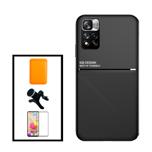 Kit Capa Magnetic Lux + Magnetic Wallet Laranja + 5D Full Cover + Suporte Magnético de Carro Reforçado para Xiaomi Redmi Note 11 Pro+