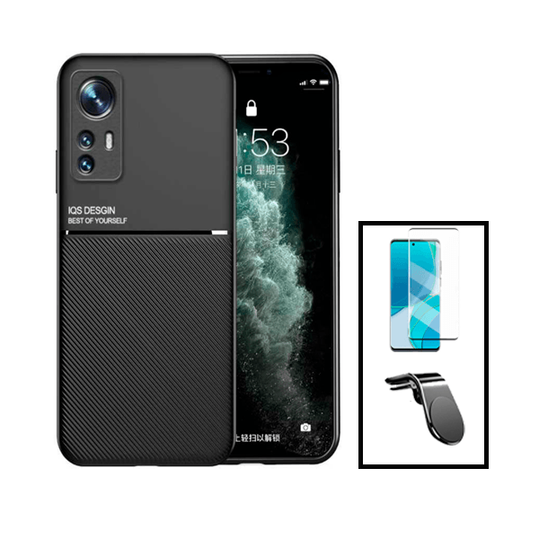 Kit Capa Magnetic Lux + Película Vidro Premium Full Cover Curved + Suporte Magnético L Safe Driving para Xiaomi 12 - Preto