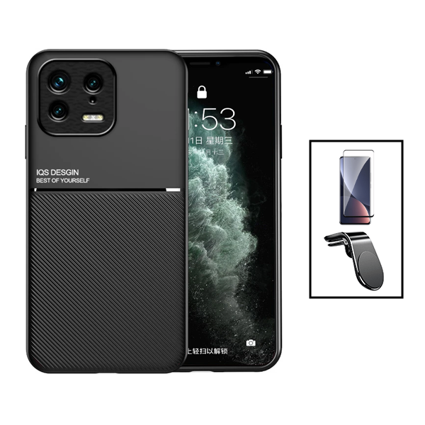 Kit Capa Magnetic Lux + Película Vidro Premium Full Cover Curved + Suporte Magnético L Safe Driving para Xiaomi 13 Pro - Preto