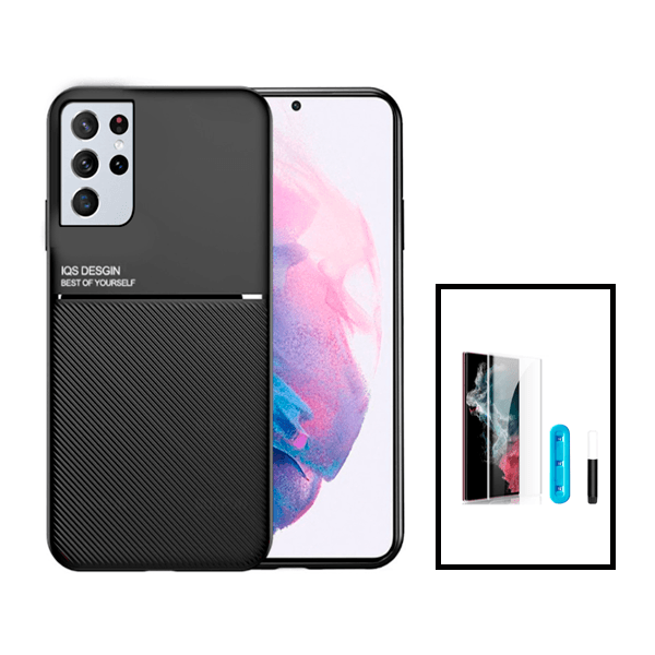 Kit Capa Magnetic Lux + Película de Vidro Nano Curved UV para Samsung Galaxy S22 Ultra 5G - Preto