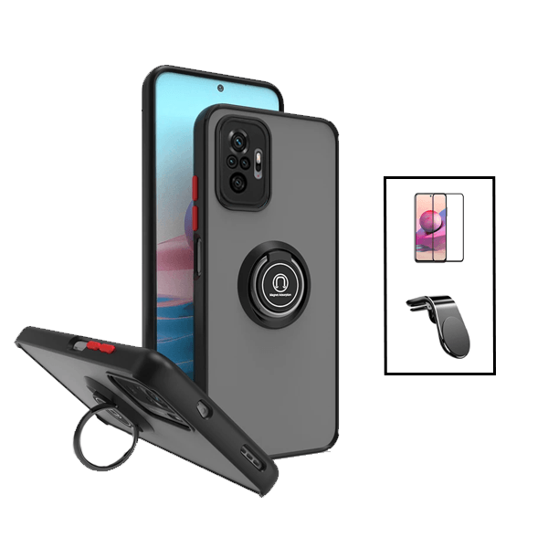 Kit Capa Magnetic Ring Anti Choque Camera Protection + Película 5D Full Cover + Suporte Magnético L Safe Driving Carro para Xiaomi Redmi Note 10 Pro - Preto