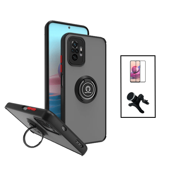 Kit Capa Magnetic Ring Anti Choque Camera Protection + Película 5D Full Cover + Suporte Magnético Reforçado de Carro para Xiaomi Redmi Note 10 Pro - Preto
