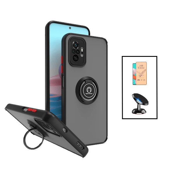 Kit Capa Magnetic Ring Anti Choque Camera Protection + Vidro Temperado CeramicGlass + Suporte Magnético de Carro para Xiaomi Redmi Note 10 Pro - Preto