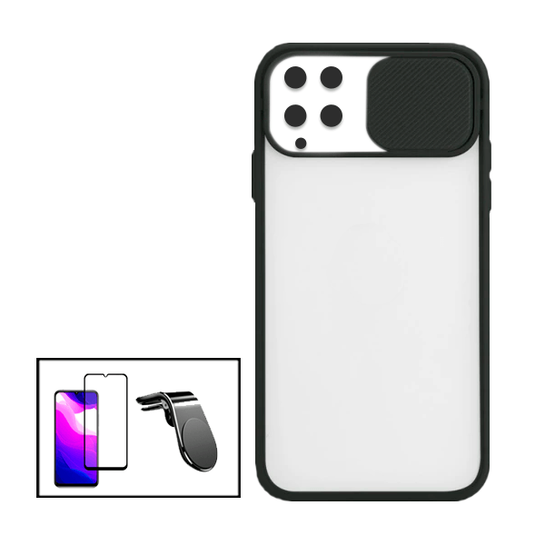 Kit Capa Slide Window Anti Choque Frosted + Película 5D Full Cover + Suporte Magnético L Safe Driving Carro para Samsung Galaxy A22 4G - Preto