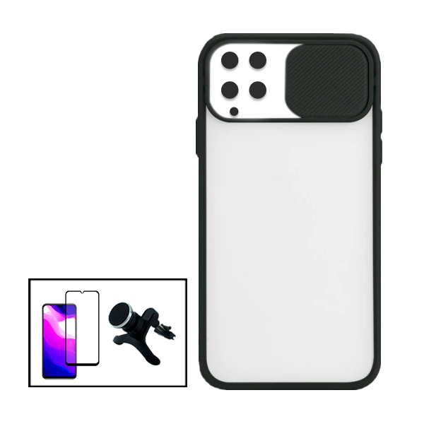 Kit Capa Slide Window Anti Choque Frosted + Película 5D Full Cover + Suporte Magnético Reforçado de Carro para Samsung Galaxy M22 - Preto