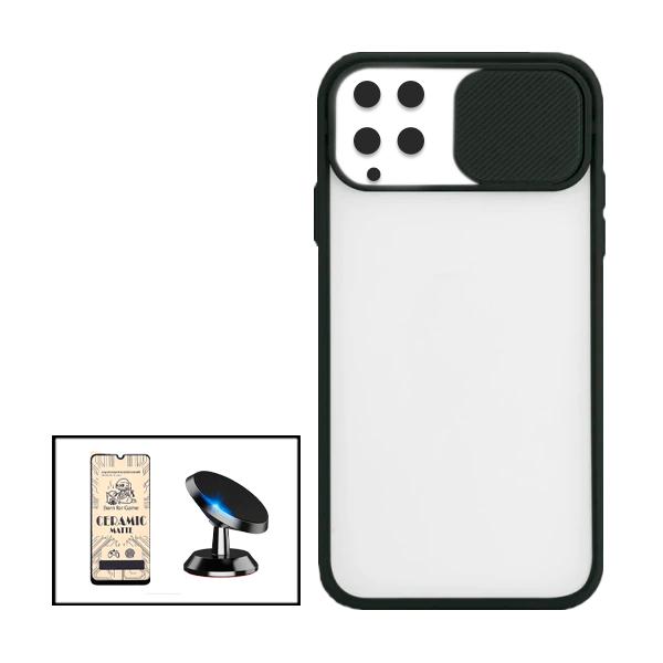 Kit Capa Slide Window Anti Choque Frosted + Película CeramicGlass + Suporte Magnético de Carro para Samsung Galaxy M32 - Preto