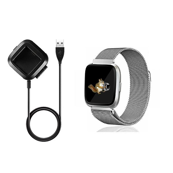 Kit Bracelete Milanese Loop Fecho Magnético + Carregador Usb Charger para Fitbit Versa - Cinza
