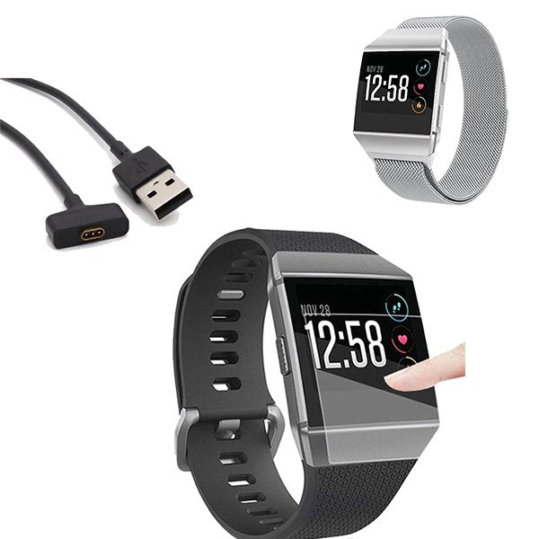 Kit Bracelete Milanese Loop Fecho Magnético + Carregador Usb Charger + Película Protectora Ecrã Gel Full Cover para Fitbit Ionic - Cinza