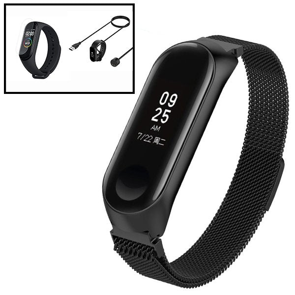 Kit Bracelete Milanese Loop Fecho Magnético + Carregador Usb Charger + Película Protectora Ecrã Gel Full Cover para Xiaomi Mi Band 5 - Preto