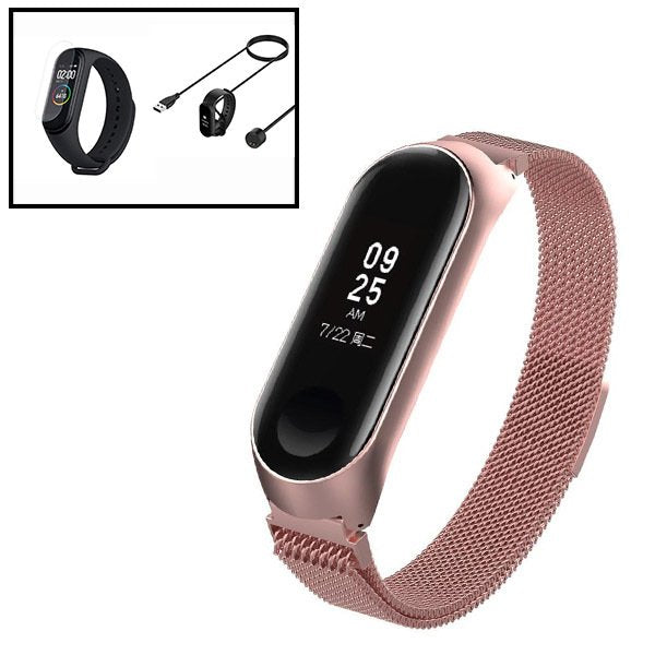 Kit Bracelete Milanese Loop Fecho Magnético + Carregador Usb Charger + Película Protectora Ecrã Gel Full Cover para Xiaomi Mi Band 5 - Rosa