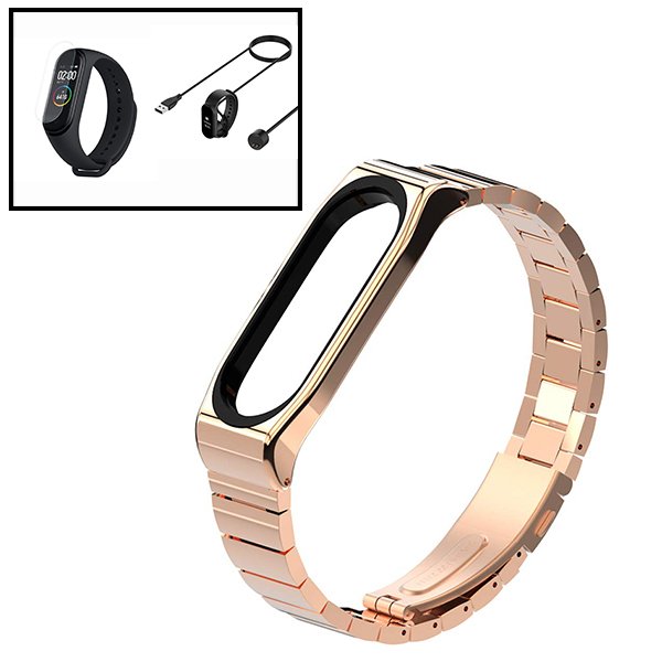Kit Bracelete Aço Stainless Lux + Ferramenta + Carregador Usb Charger + Película Protectora Ecrã Gel Full Cover para Amazfit Band 5 - Ouro
