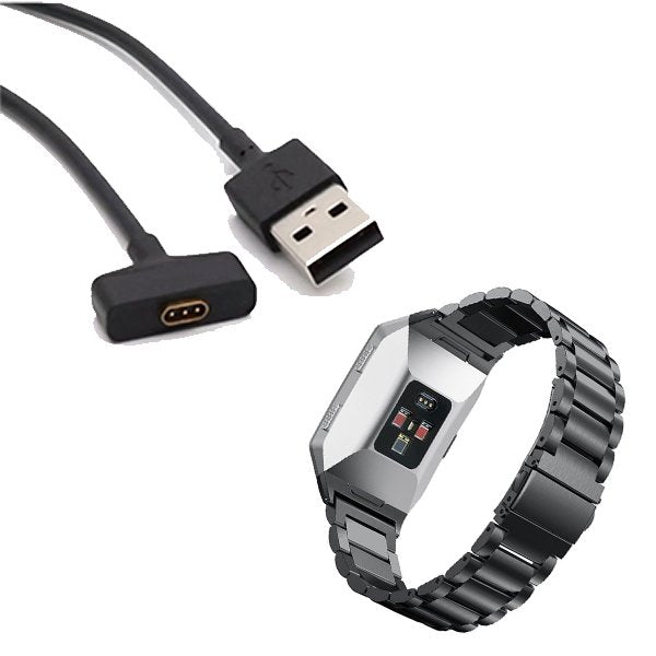 Kit Bracelete Aço Stainless Lux + Ferramenta + Carregador Usb Charger para Fitbit Ionic - Preto