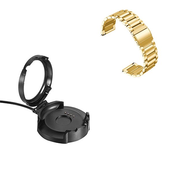 Kit Bracelete Aço Stainless Lux + Ferramenta + Carregador Usb Charger para Amazfit Stratos - Ouro