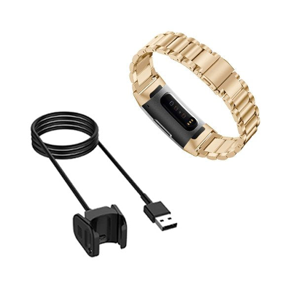 Kit Bracelete Aço Stainless Lux + Ferramenta + Carregador Usb Charger para Fitbit Charge 3 - Ouro