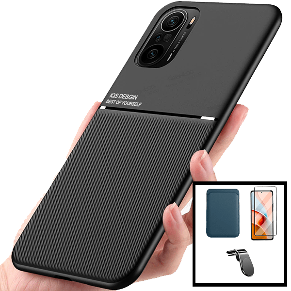 Kit Capa Magnetic Lux + Magnetic Wallet Azul + 5D Full Cover + Suporte Magnético L Safe Driving para Xiaomi Poco F3