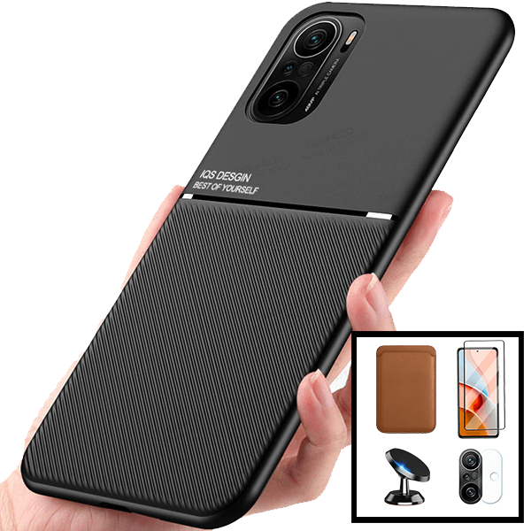 Kit Capa Magnetic Lux + Magnetic Wallet Castanho + 5D Full Cover + Película de Câmara Traseira + Suporte Magnético de Carro para Xiaomi Redmi K40