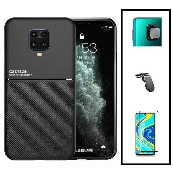 Kit Capa Magnetic Lux + Anti-Spy 5D Full Cover + Película de Câmara Traseira + Suporte Magnético L Safe Driving para Xiaomi Redmi Note 9 Pro