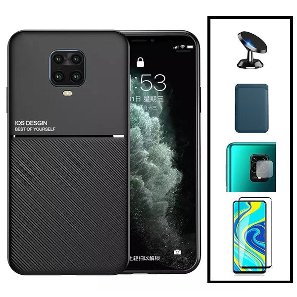 Kit Capa Magnetic Lux + Magnetic Wallet Azul + 5D Full Cover + Película de Câmara Traseira + Suporte Magnético de Carro para Xiaomi Redmi Note 9s