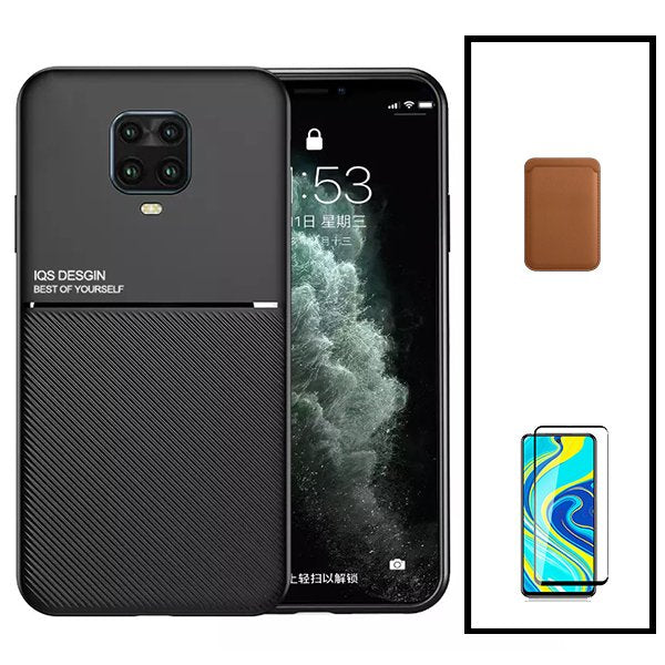 Kit Capa Magnetic Lux + Magnetic Wallet Castanho + 5D Full Cover para Xiaomi Redmi Note 9 Pro Max