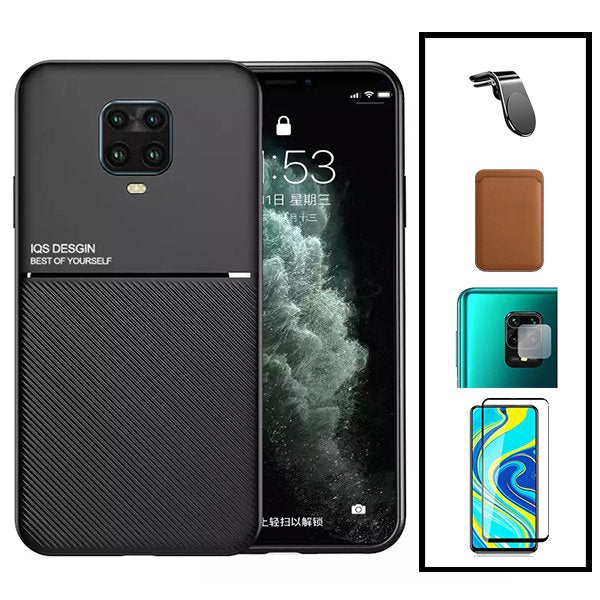 Kit Capa Magnetic Lux + Magnetic Wallet Castanho + 5D Full Cover + Película de Câmara Traseira + Suporte Magnético L Safe Driving para Xiaomi Redmi Note 10 Lite
