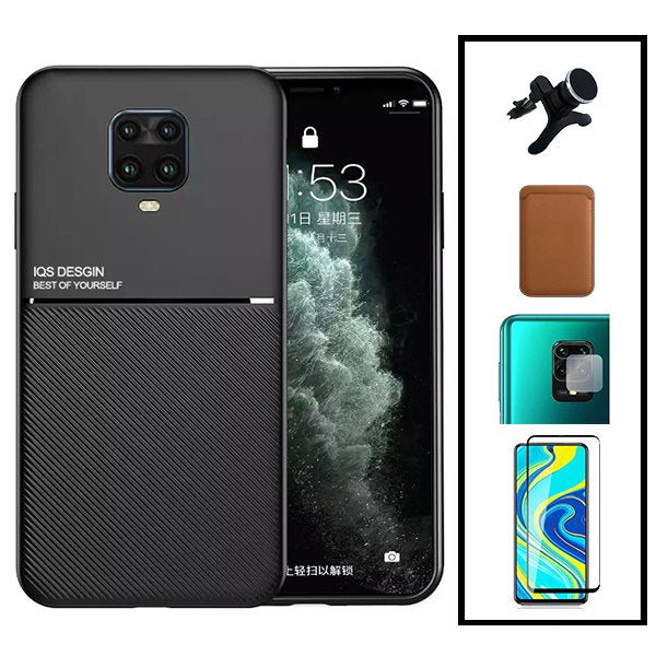 Kit Capa Magnetic Lux + Magnetic Wallet Castanho + 5D Full Cover + Película de Câmara Traseira + Suporte Magnético de Carro Reforçado para Xiaomi Redmi Note 10 Lite