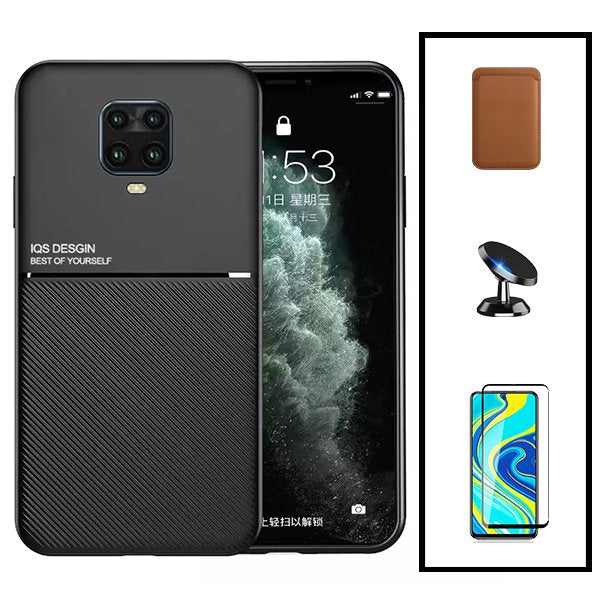 Kit Capa Magnetic Lux + Magnetic Wallet Castanho + 5D Full Cover + Suporte Magnético de Carro para Xiaomi Redmi Note 9 Pro Max