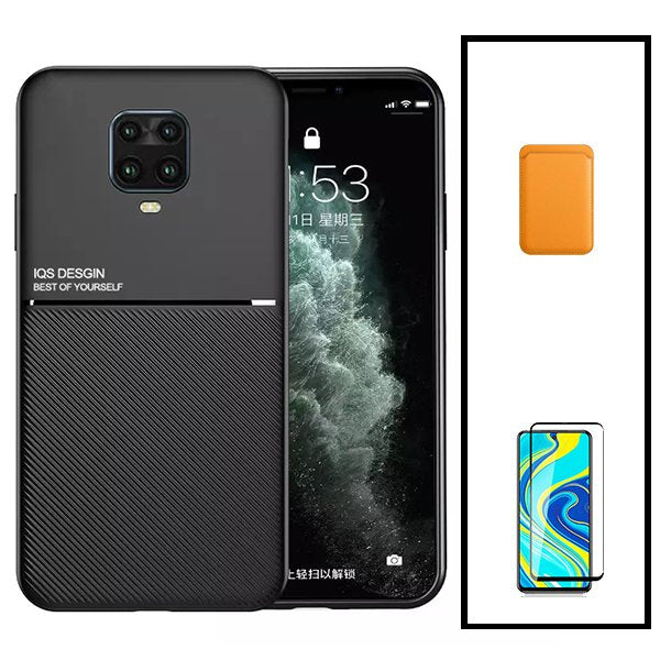 Kit Capa Magnetic Lux + Magnetic Wallet Laranja + 5D Full Cover para Xiaomi Redmi Note 9s