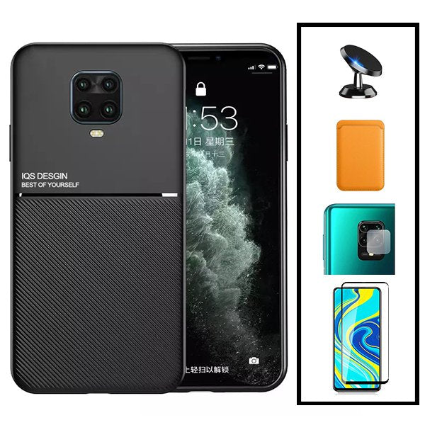 Kit Capa Magnetic Lux + Magnetic Wallet Laranja + 5D Full Cover + Película de Câmara Traseira + Suporte Magnético de Carro para Xiaomi Redmi Note 10 Lite