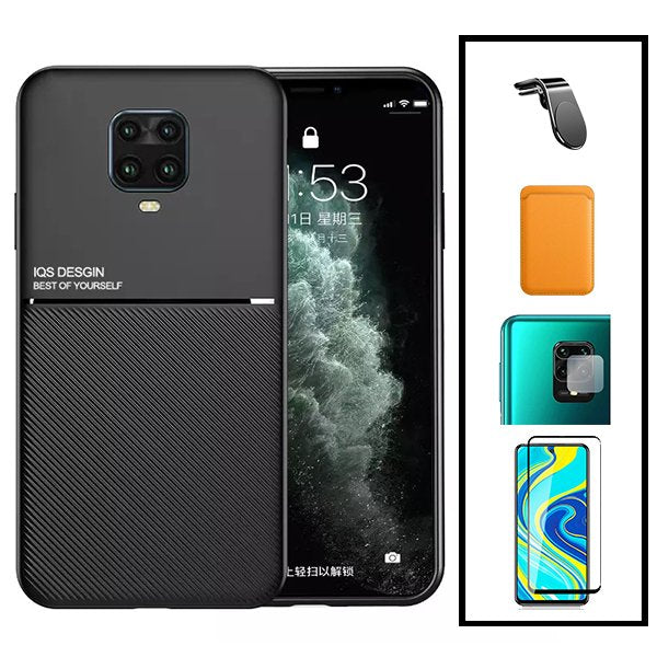 Kit Capa Magnetic Lux + Magnetic Wallet Laranja + 5D Full Cover + Película de Câmara Traseira + Suporte Magnético L Safe Driving para Xiaomi Poco M2 Pro