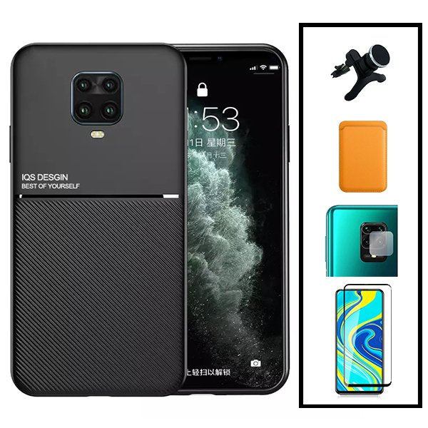 Kit Capa Magnetic Lux + Magnetic Wallet Laranja + 5D Full Cover + Película de Câmara Traseira + Suporte Magnético de Carro Reforçado para Xiaomi Redmi Note 10 Lite
