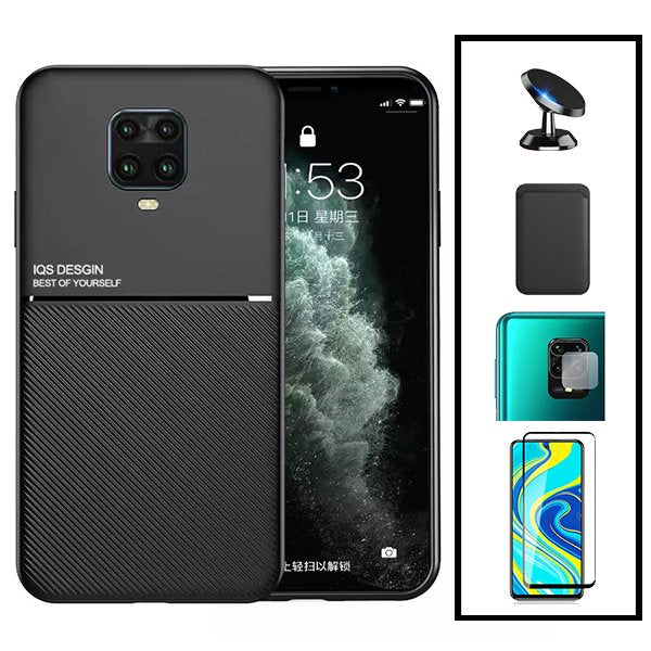 Kit Capa Magnetic Lux + Magnetic Wallet Preto + 5D Full Cover + Película de Câmara Traseira + Suporte Magnético de Carro para Xiaomi Poco M2 Pro