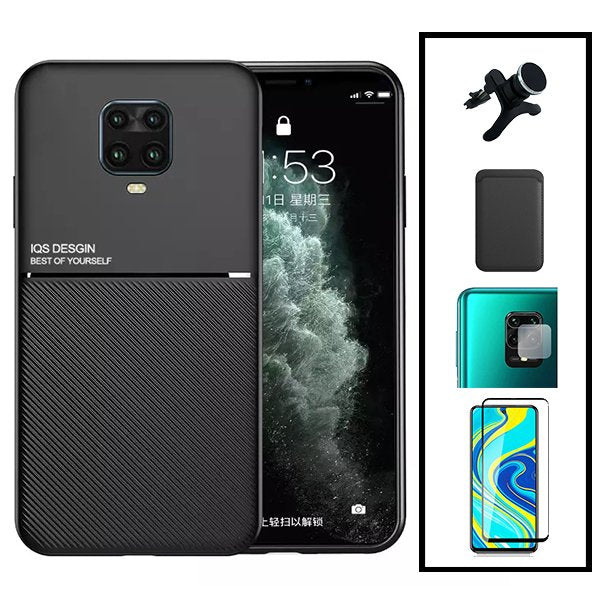 Kit Capa Magnetic Lux + Magnetic Wallet Preto + 5D Full Cover + Película de Câmara Traseira + Suporte Magnético de Carro Reforçado para Xiaomi Redmi Note 10 Lite