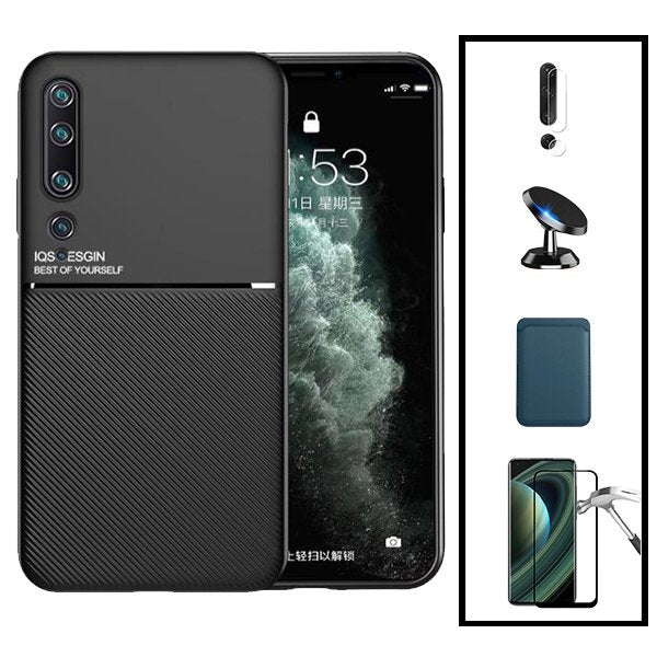 Kit Capa Magnetic Lux + Magnetic Wallet Azul + 5D Full Cover + Película de Câmara Traseira + Suporte Magnético de Carro para Xiaomi Mi 10 5G