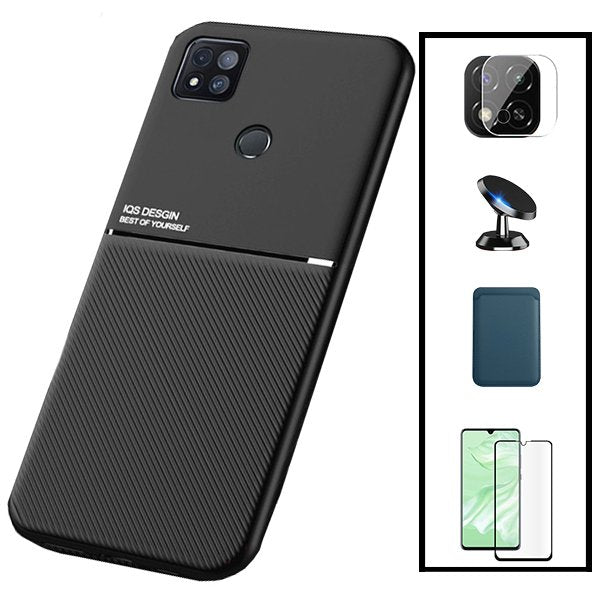 Kit Capa Magnetic Lux + Magnetic Wallet Azul + 5D Full Cover + Película de Câmara Traseira + Suporte Magnético de Carro para Xiaomi Poco C31