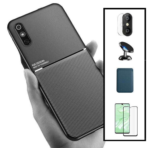 Kit Capa Magnetic Lux + Magnetic Wallet Azul + 5D Full Cover + Película de Câmara Traseira + Suporte Magnético de Carro para Xiaomi Redmi 9A Sport