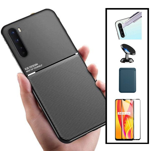 Kit Capa Magnetic Lux + Magnetic Wallet Azul + 5D Full Cover + Película de Câmara Traseira + Suporte Magnético de Carro para OnePlus Nord